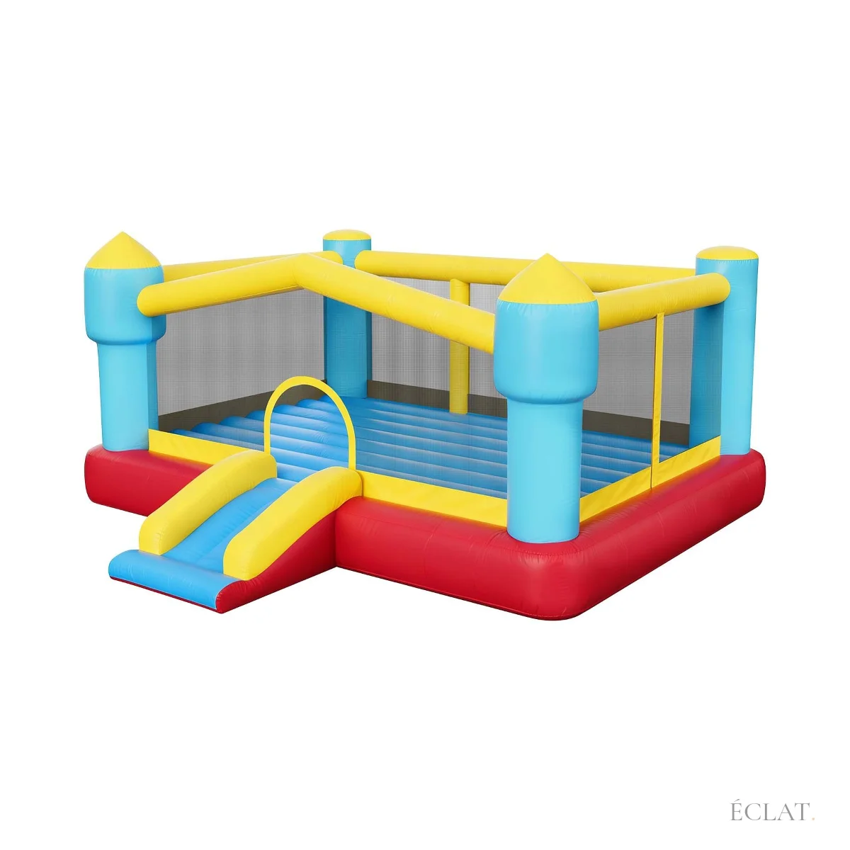 Grande zone de saut entourée de filets d'un château gonflable
