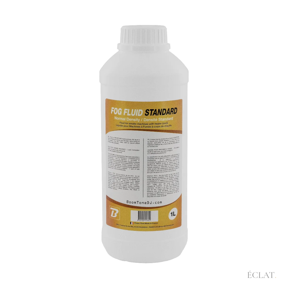 Bidon de 1 litre de liquide pour machine à fumée BoomTone DJ Fog Fluid Standard, de face