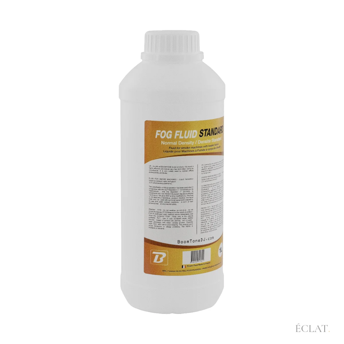 Bidon de liquide à fumée de 1 L vu de trois quarts, étiquette dorée Fog Fluid Standard