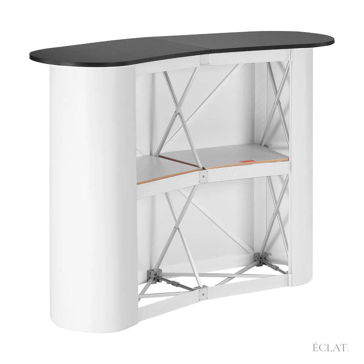Arrière du comptoir pliable : structure aluminium et étagère intérieure
