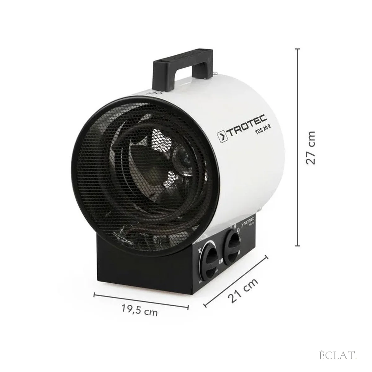 Dimensions du chauffage électrique soufflant pour tente : 21 × 19,5 × 27 cm