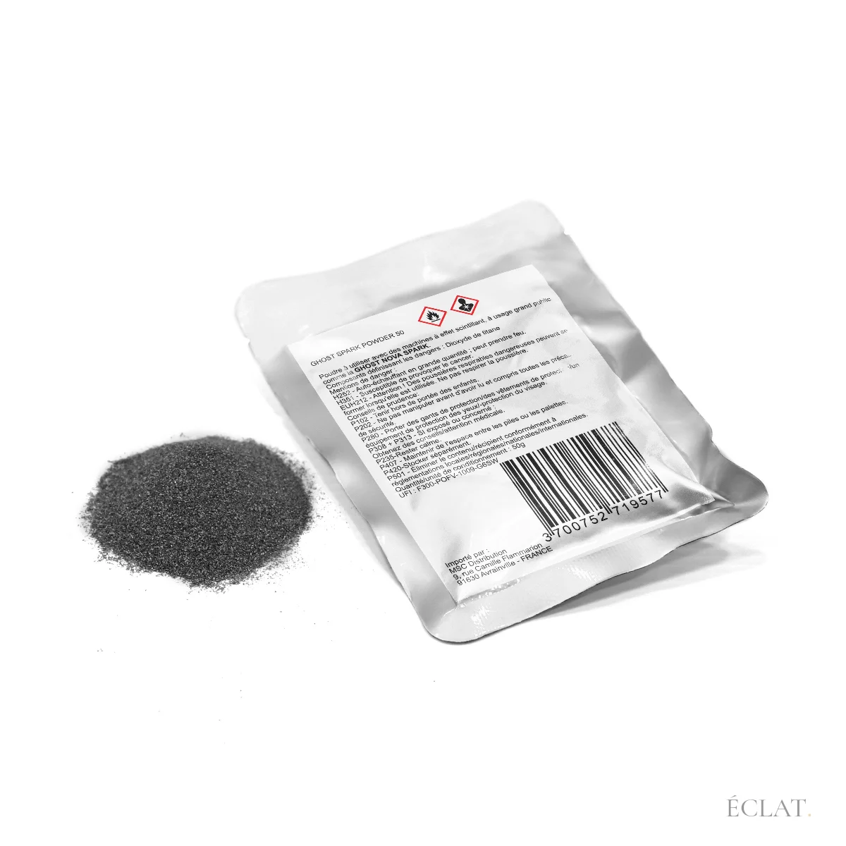 Sachet de poudre titane-zirconium pour machine à étincelles froides, vu de biais