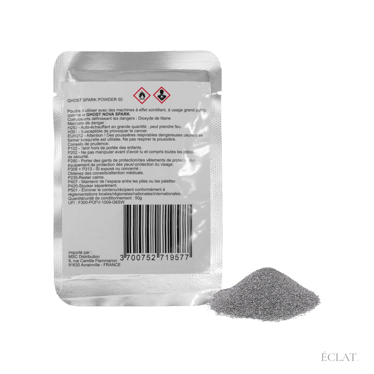 Sachet de 50 g de poudre pour étincelles froides Ghost Spark Powder, avec la poudre grise