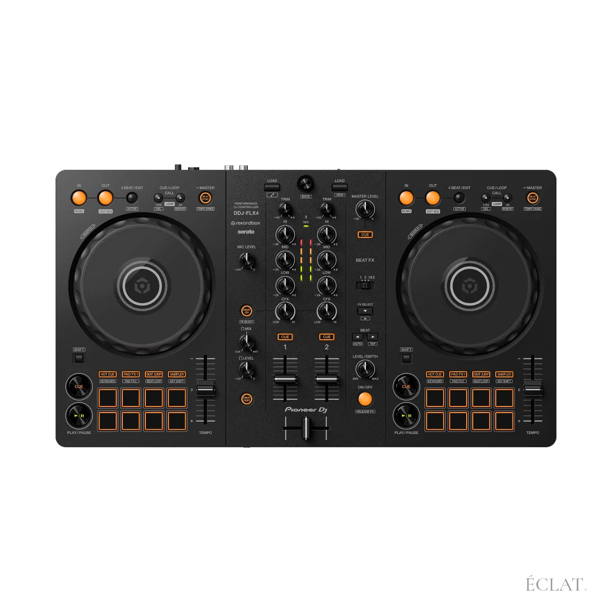 Contrôleur DJ deux voies vu de dessus : platines, mélangeur et pads