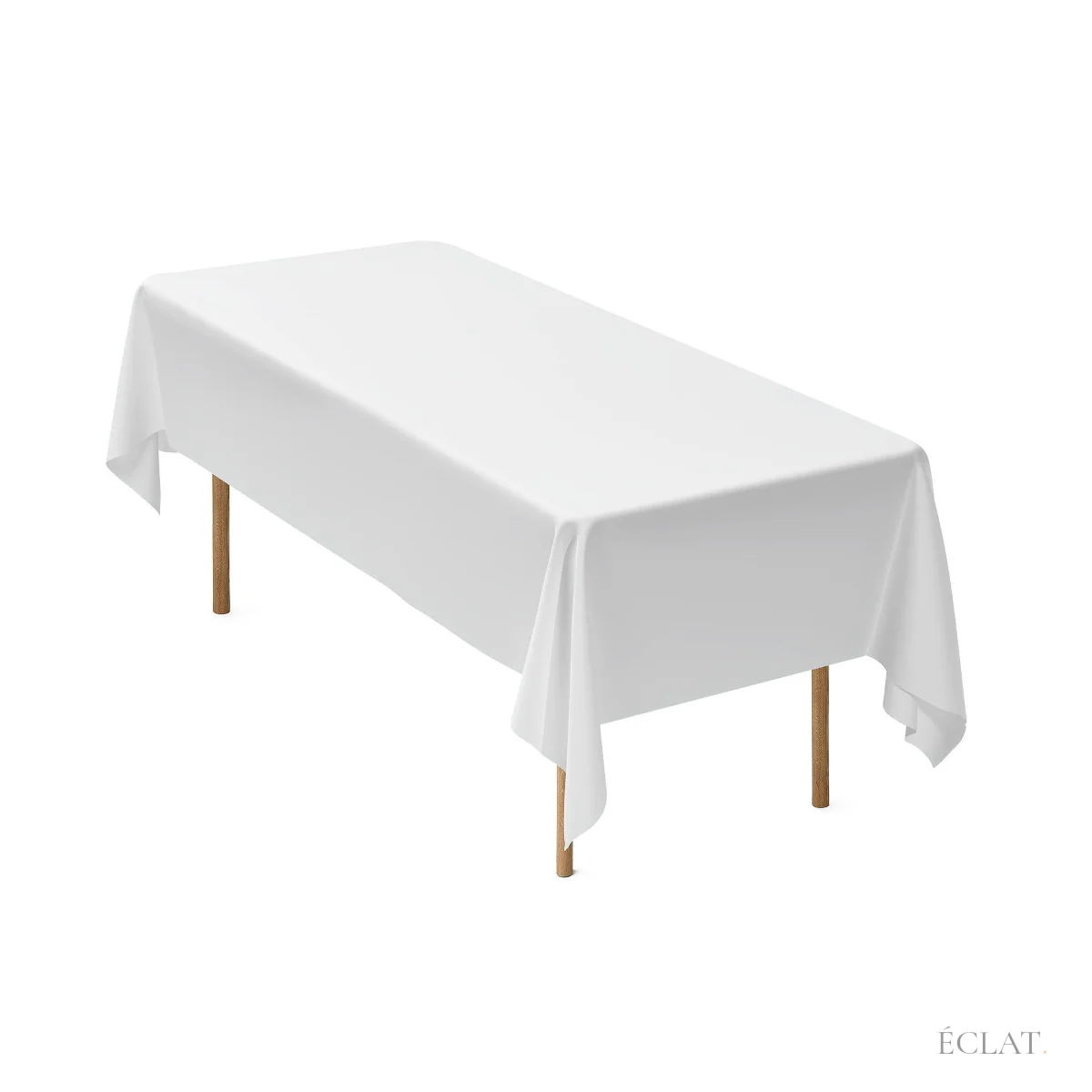 Location nappe blanche table 180 cm, posée sur une table rectangulaire, vue de trois quarts
