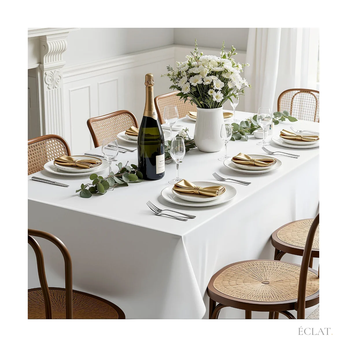 Table rectangulaire dressée sous une nappe blanche en polyester, chaises en bois et rotin