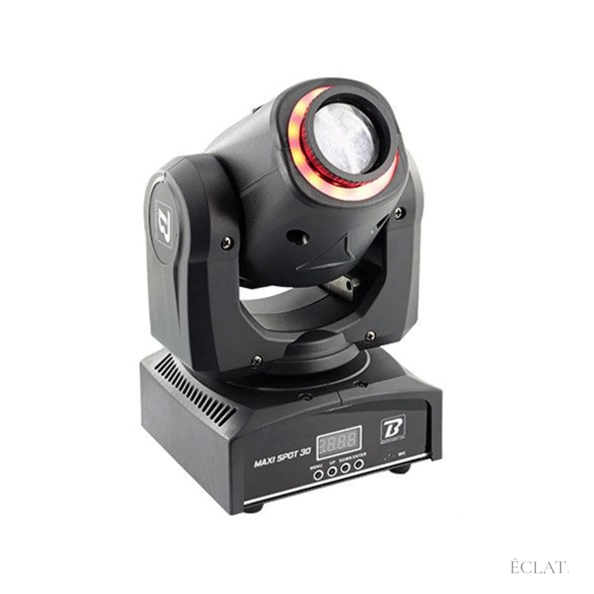 Location lyre spot LED 30 W à tête motorisée, vue de trois quarts